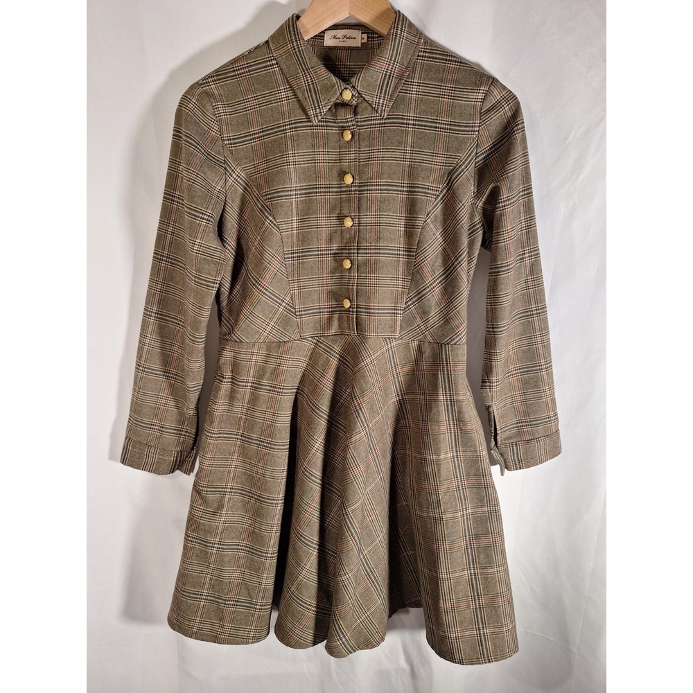 Miss Patina London Brown Plaid Mini Dress Long Sleeve Button Front Size M